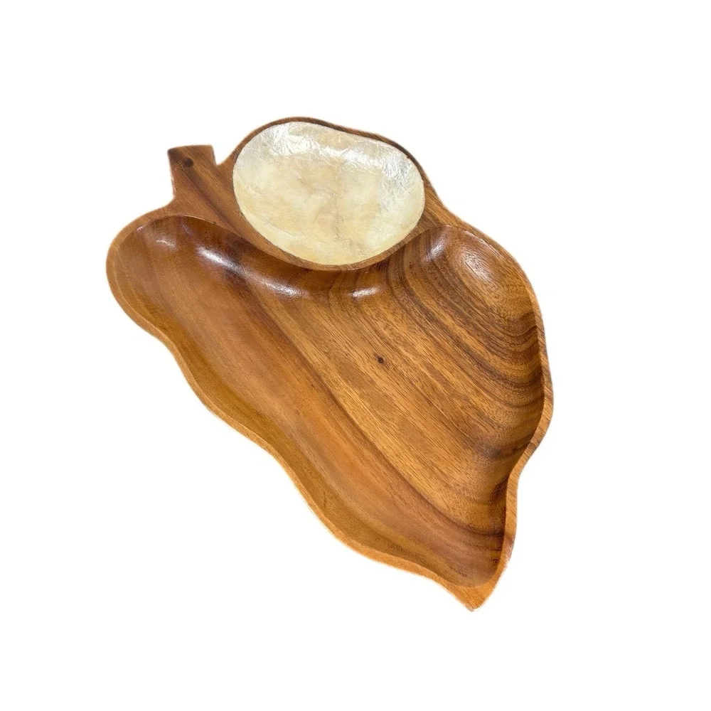 Vintage Napcoware Wood Leaf  Shaped Platter‎ Mother Of Pearl Dipping Bowl MCM